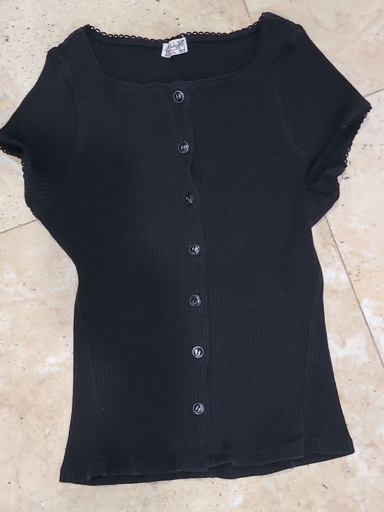 Intimately By Free People Tops - Black Ribbed Button-Front Short Sleeve Top